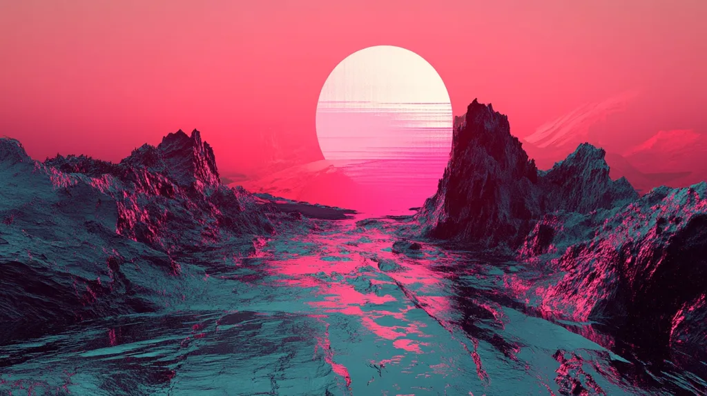 The image depicts a surreal landscape with a large, white sun hovering in a pink sky.  The sun has a glitch effect, resembling a pixelated or retro aesthetic.  The landscape is a rocky, desert-like environment with a narrow valley leading toward the sun.  The rocks are a dark, almost black, color with a slight sheen.  The overall effect is one of otherworldliness and dreamlike quality.