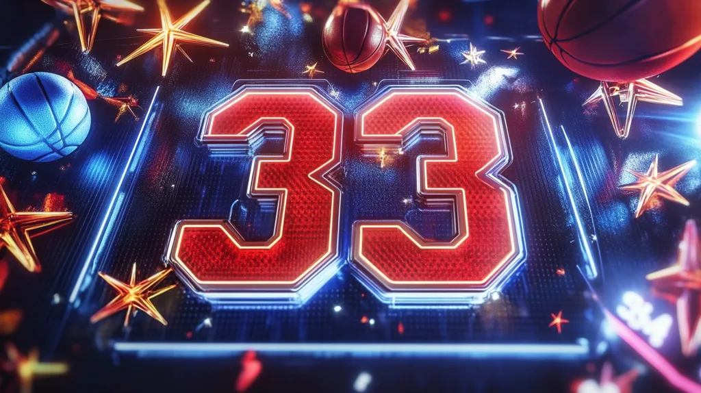 The image features a large, glowing neon red number "33" on a blue background with a basketball theme. The numbers are outlined in white and have a three-dimensional effect. The background is adorned with scattered golden stars and basketballs. The image has a futuristic and dynamic feel, creating an energetic and celebratory atmosphere.