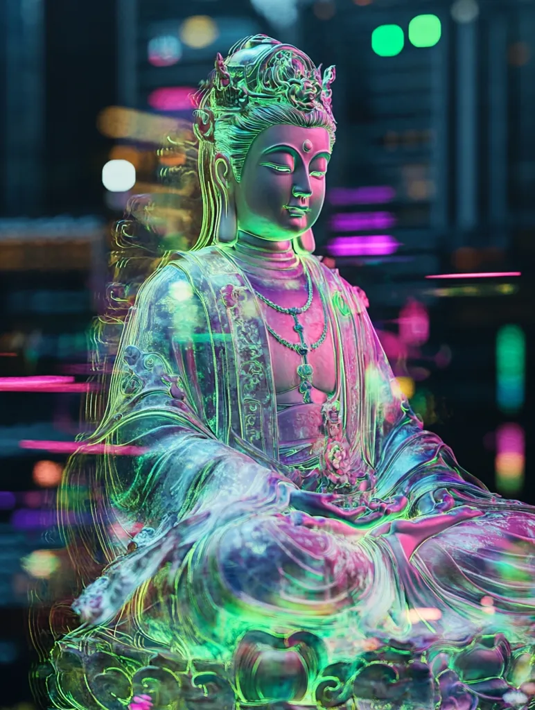 A serene statue of a Buddha, adorned with intricate details and a crown, sits in a meditative pose. The statue is illuminated with vibrant hues of green, purple, and pink, creating a surreal and ethereal atmosphere. The background is a blur of lights and colors, adding to the mystical ambiance of the image.