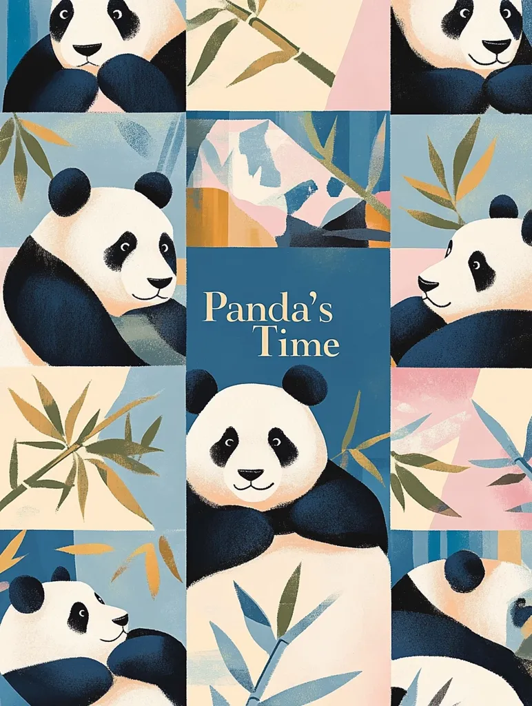 A colorful collage featuring adorable pandas. The collage is divided into nine squares, with each square showing a different panda in various poses. The pandas are surrounded by bamboo stalks and leaves, creating a peaceful and natural setting. The title "Panda's Time" is prominently displayed in the center. The image is filled with vibrant colors and playful patterns, showcasing the joy and charm of these beloved creatures.