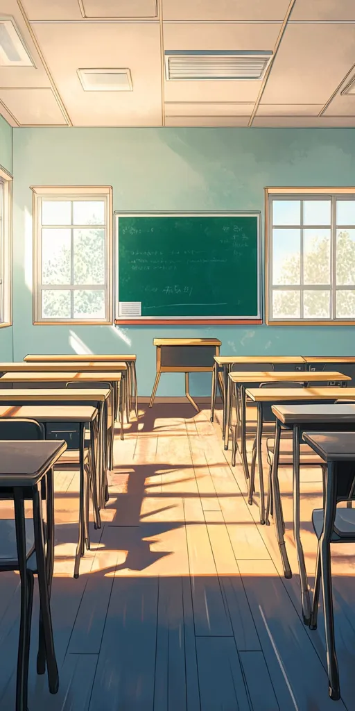 The image depicts an empty classroom with rows of desks and chairs, a blackboard filled with equations, and two windows letting in sunlight. The room has a light green wall, a white ceiling, and a wooden floor. The scene creates a sense of calm and quiet, suggesting a school setting after class.