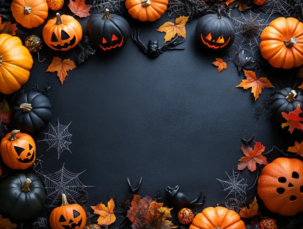 A dark background is framed by a variety of jack-o'-lanterns, both orange and black, along with cobwebs, spider silhouettes, and autumn leaves. The pumpkins have various carved faces and are arranged in a semi-circle, leaving an open space in the center for text or imagery. The image evokes a spooky and festive Halloween ambiance.