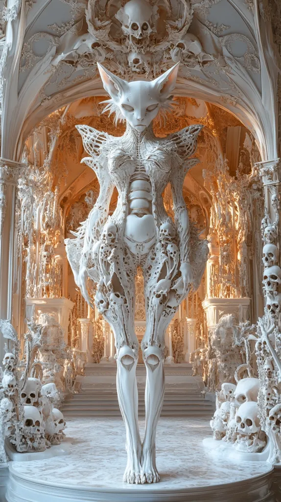 A white, skeletal, cat-like figure stands in a grand hall made entirely of bone and skeletal structures. The figure's body is made of a complex network of bones and cartilage, giving it a chillingly beautiful appearance. The hall is adorned with intricate skeletal details and numerous skulls, creating a haunting and surreal atmosphere. The figure's presence commands attention, a testament to the macabre beauty of this bone-filled world.