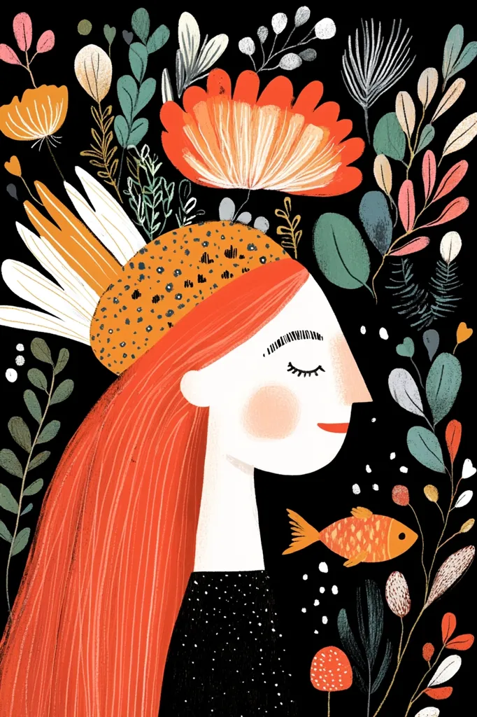 The illustration depicts a woman with long, flowing red hair and closed eyes. She wears a whimsical headdress with orange and white feathers and a polka-dotted band.  She is surrounded by a vibrant array of stylized flowers and leaves in shades of red, orange, green, and white, against a black background. A small, orange fish swims near her profile. The overall mood is peaceful and whimsical.