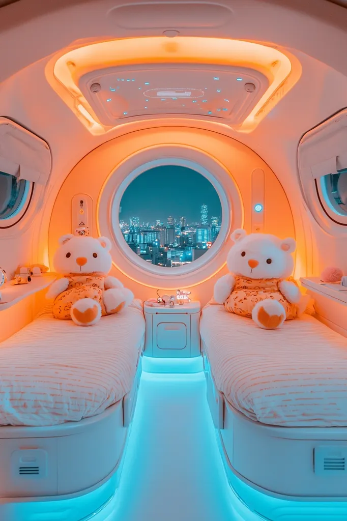 The image shows a futuristic and luxurious interior of a vehicle, likely a private jet or a spaceship. It features two beds with plush white bedding, each adorned with a white teddy bear.  The beds are nestled under a rounded ceiling with soft, warm lighting. A large circular window offers a breathtaking view of a city skyline at night.  The blue LED lighting underneath the beds creates a magical and tranquil atmosphere.  The entire space is immaculately clean and modern, conveying a sense of comfort and sophistication.