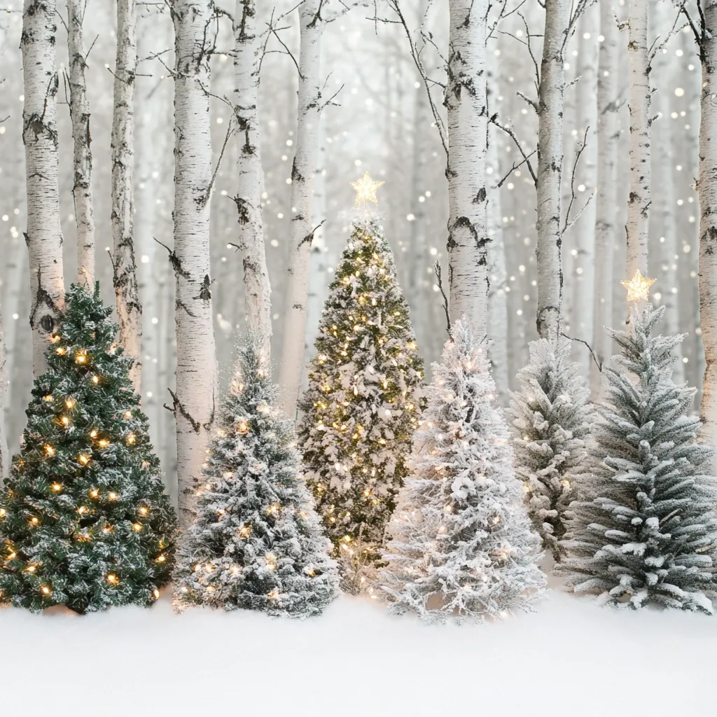 Five Christmas trees stand in a snowy birch forest, adorned with twinkling lights. The trees are dusted with snow, creating a magical winter scene. The white birch trunks and the falling snow contribute to the serene and festive atmosphere. The warm glow of the lights illuminates the forest, creating a sense of warmth and joy.