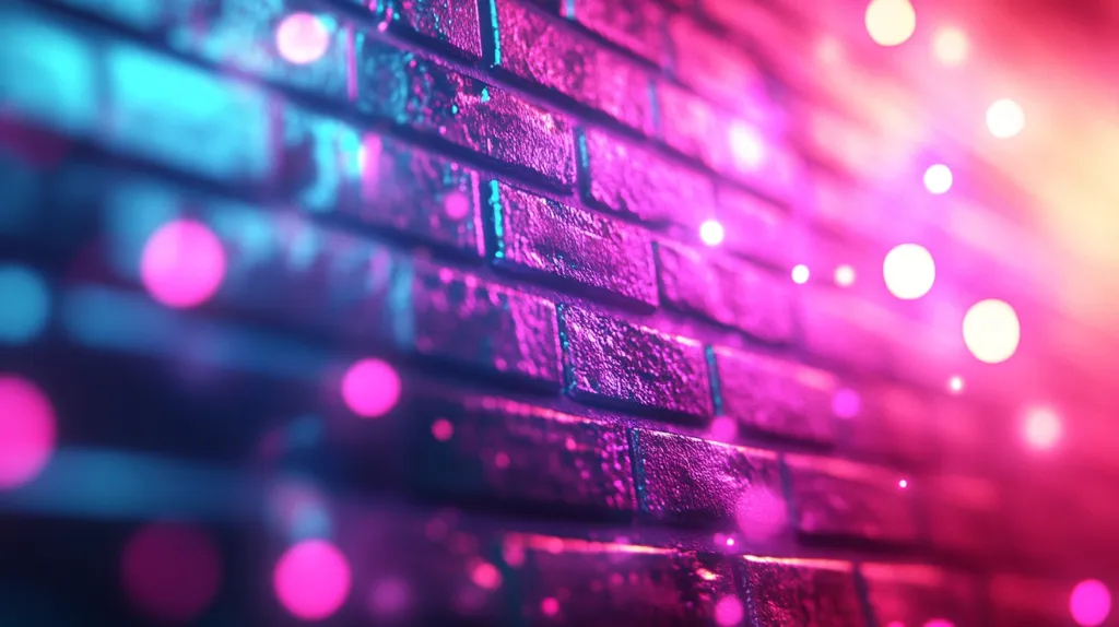 A close-up shot of a brick wall bathed in vibrant pink and blue neon light. The light creates a blurred effect, with soft, glowing orbs scattered across the surface. The bricks themselves appear textured and slightly rough, adding a sense of depth and dimension to the image. The overall mood is one of energetic, playful vibrancy.