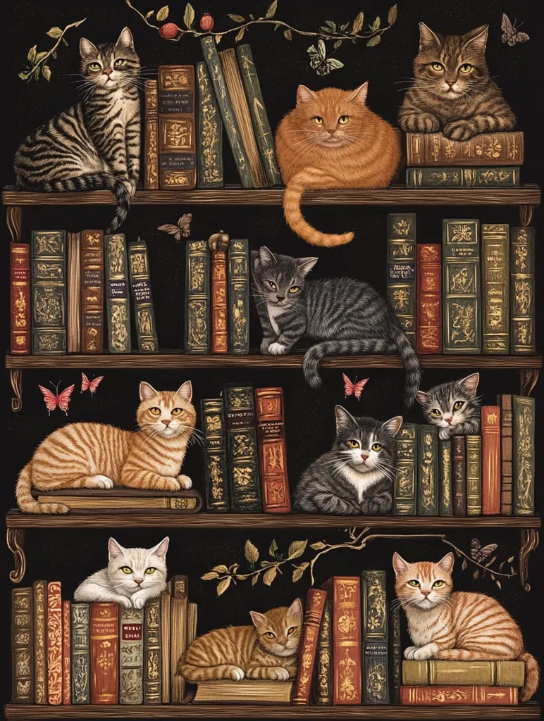 A bookshelf filled with antique books is home to a collection of adorable cats. Each shelf is adorned with a different breed of feline, all looking out at the viewer with playful expressions. The books are mostly brown and red, creating a warm and inviting atmosphere. Butterflies flutter around the shelves, adding a touch of whimsy to the scene. The image captures the perfect harmony between the feline companions and their literary surroundings.
