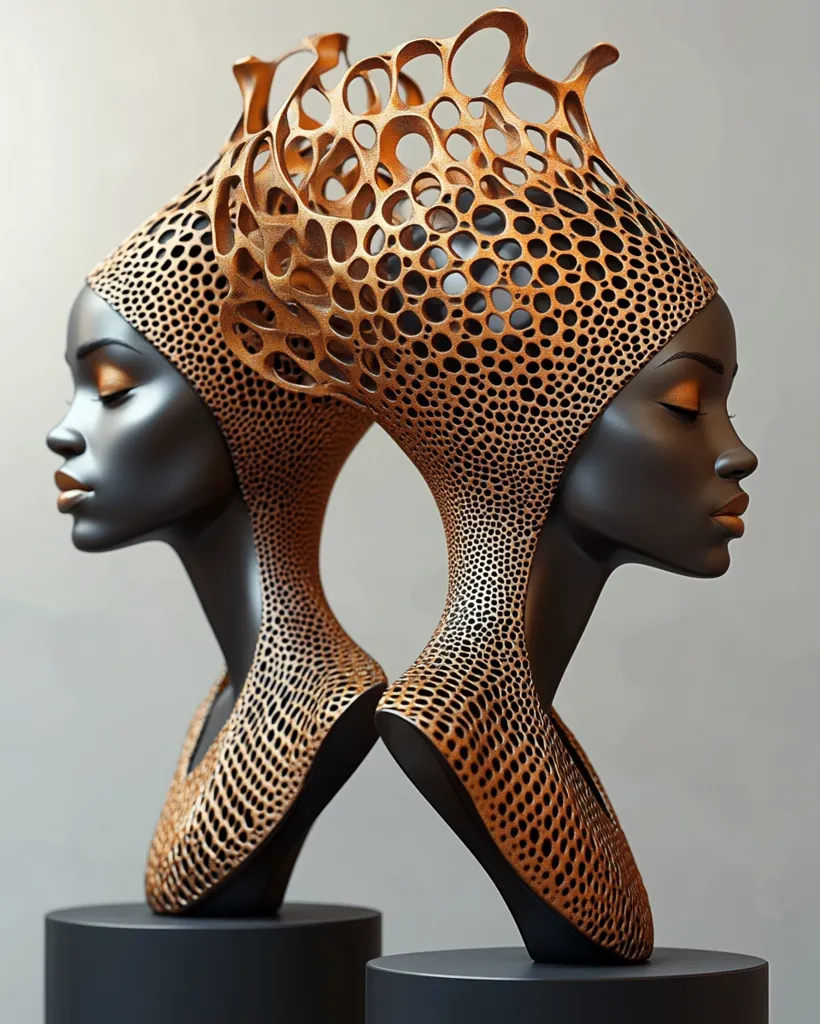 Two abstract bust sculptures stand side-by-side on black pedestals. They are made of a dark material, possibly wood, and feature intricate, geometric, honeycomb-like patterns in a warm brown color. The sculptures' heads are tilted slightly, giving them a contemplative air. The overall effect is one of both strength and fragility, highlighting the beauty of the human form.