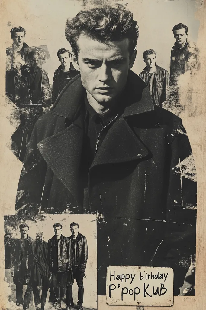 A black and white photo collage featuring a young man with a serious expression. He is wearing a black coat and has his hair slicked back. The collage includes multiple images of the same man, as well as other men, all in black and white. The collage has a vintage, grainy look. A handwritten message on a metal sign at the bottom reads "Happy birthday P" pop Kub".  The overall tone of the image is moody and nostalgic.