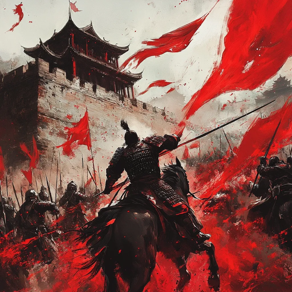 A warrior on horseback leads a charge against an enemy fortress, with red flags billowing in the wind. The scene is painted in a dramatic style, with the warrior's silhouette against the red flags and the fortress in the background. The image captures the intensity and chaos of battle.
