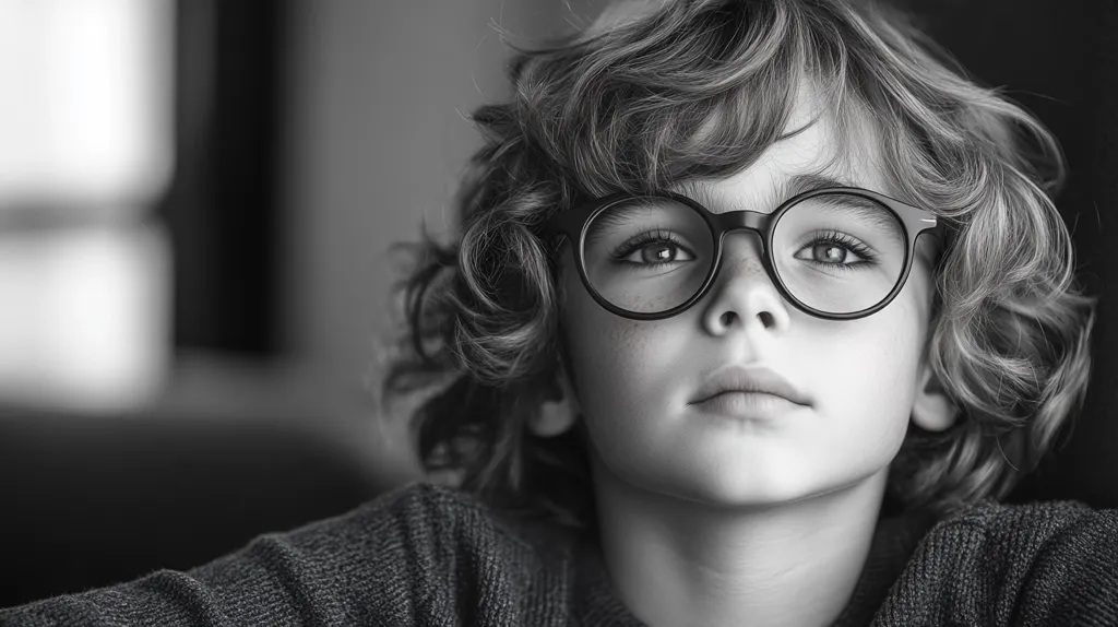 The black and white photo captures a young boy with curly hair wearing round, black-rimmed glasses. His gaze is directed upward, conveying a thoughtful or introspective mood. The lighting highlights his features, creating a sense of depth and clarity. The soft focus of the background emphasizes the boy's presence and draws the viewer's attention to his expressive face.