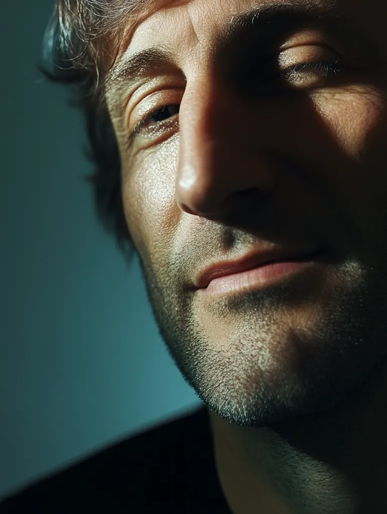 The close-up image captures a man's face, illuminated by a soft light. His dark, wavy hair frames his face, and his eyes, one closed and the other gazing intently, reveal a hint of a smile. His features are defined by a subtle shadow on his cheekbone and a hint of a beard on his jawline. The overall mood is one of quiet contemplation, with a hint of warmth and contentment.