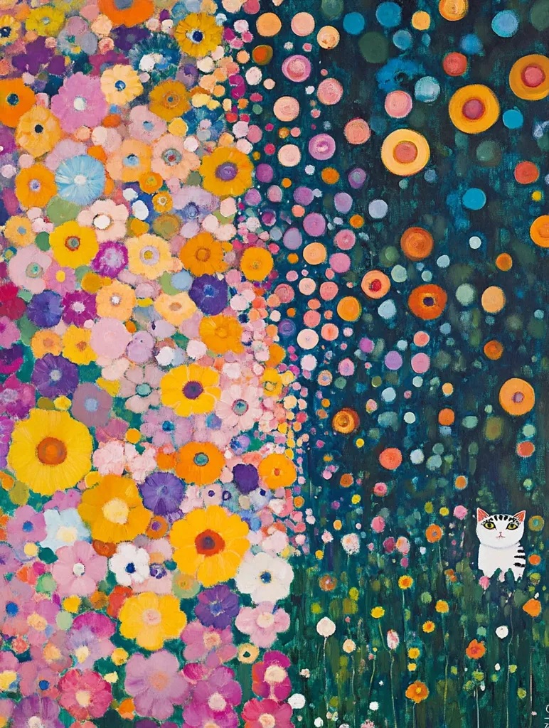 The painting is a vibrant and colorful depiction of a field of flowers. The left side of the painting is dominated by a dense cluster of flowers in various shades of pink, purple, yellow, and white. The right side of the painting features a dark blue background dotted with colorful circles, representing the night sky. A white cat with black stripes sits in the lower right corner, staring intently at the viewer. The contrasting colors and textures create a sense of movement and depth. The painting is a celebration of nature's beauty and the harmonious relationship between humans and animals.