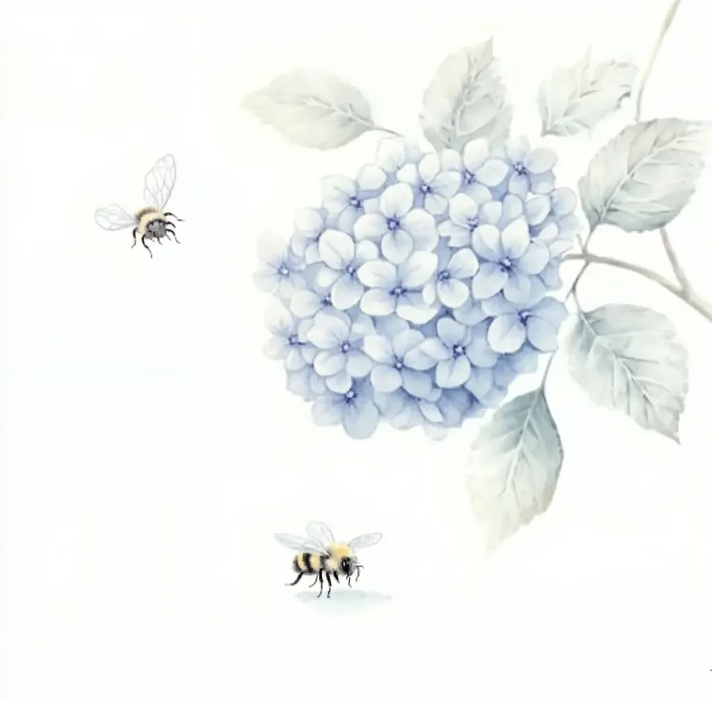 The image depicts a delicate watercolor painting of a hydrangea blossom with two bees. The hydrangea is a large, round cluster of light blue flowers, surrounded by delicate green leaves. The bees are rendered in simple detail, one flying towards the flower, the other perched on the ground. The composition is clean and elegant, with a white background that highlights the delicate beauty of the flowers and bees.