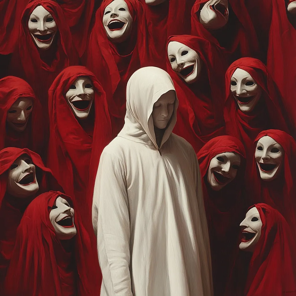 A figure cloaked in white stands amidst a crowd of people in red robes. The figures in red all wear exaggerated smiles, while the cloaked figure appears solemn and detached. The contrasting colors and expressions create a sense of unease and isolation. The scene is evocative of a religious ceremony or a cult gathering, highlighting themes of conformity and individuality. The image suggests a power dynamic, with the cloaked figure resisting the influence of the red-robed crowd.