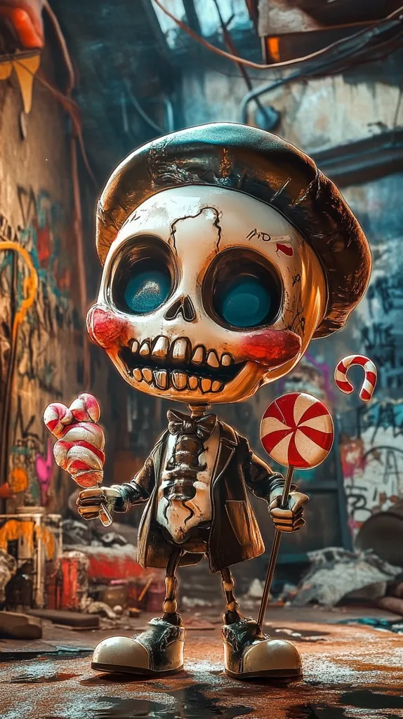 A skull-faced figurine with a black beret, a bow tie and a leather jacket stands on a worn, graffiti-covered street. The figurine holds a candy cane in one hand and a lollipop in the other. The background is a jumble of rusted pipes, crumbling concrete and faded paint. The image has a whimsical and slightly unsettling tone.