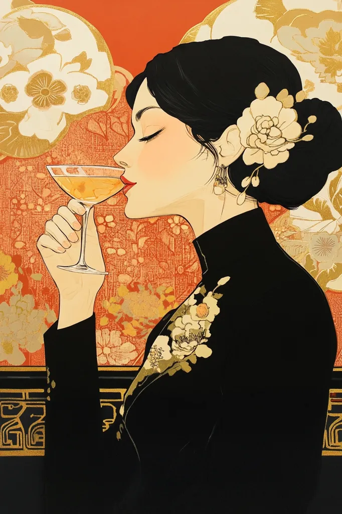 The image depicts a woman in a black dress with floral embroidery, holding a glass of champagne. She has long black hair, a delicate face, and is wearing earrings. The background is a vibrant orange with gold floral patterns and geometric designs. The woman appears elegant and sophisticated, enjoying a moment of luxury.  The composition is striking, with bold colors and a strong focus on the woman's profile. The overall impression is one of beauty, grace, and refinement.