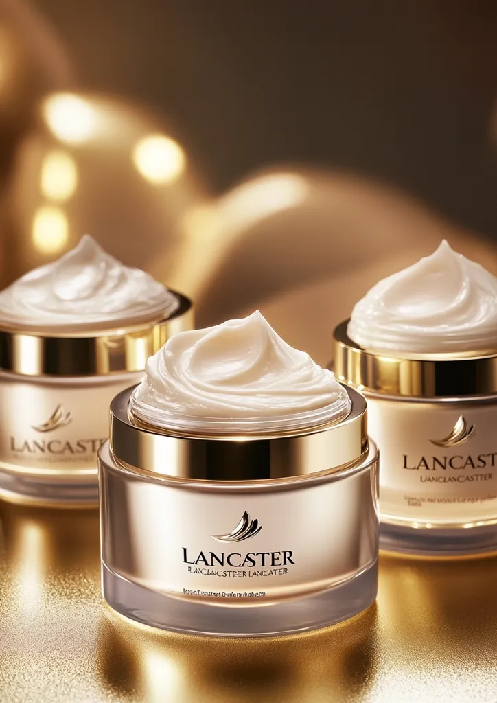 Three jars of Lancaster face cream are arranged in a triangular shape on a gold surface. The jars are filled with a white cream and have a gold lid. The brand name is written on the jars in black lettering.  The background is a blurry image of a gold surface.  The image is focused on the jars of cream, suggesting that they are the main focus of the image.  The overall effect of the image is luxurious and inviting.