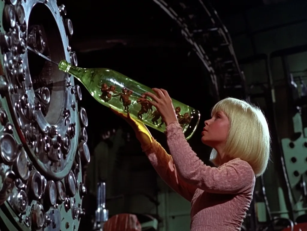 A young girl with blonde hair, wearing a pink sweater, holds a glass bottle filled with tiny, dancing figures. The bottle is held in front of a large, industrial machine with a circular pattern of metal pieces. The image has a futuristic and slightly unsettling tone.