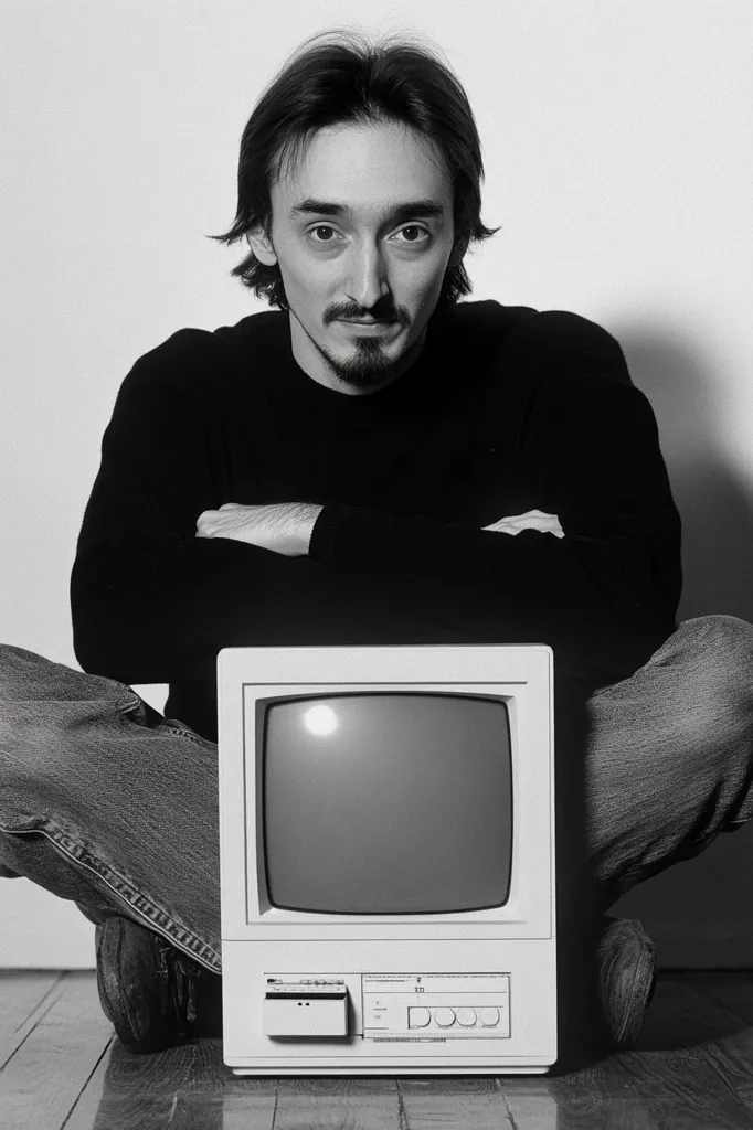 A man sits with his legs crossed in front of a black and white television.  The man has dark hair and a serious expression.  He is wearing a black sweater, jeans, and shoes.  The television is on a white surface.  The image is in black and white.