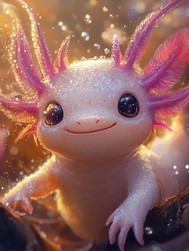The image features a close-up of a pink axolotl with large, black eyes and a soft, smiling expression. Its skin is covered in fine, shimmering scales, and its pink feathery gills are partially visible. The background is a soft, golden blur, suggesting an underwater setting. The axolotl's delicate features and playful expression convey a sense of wonder and innocence.