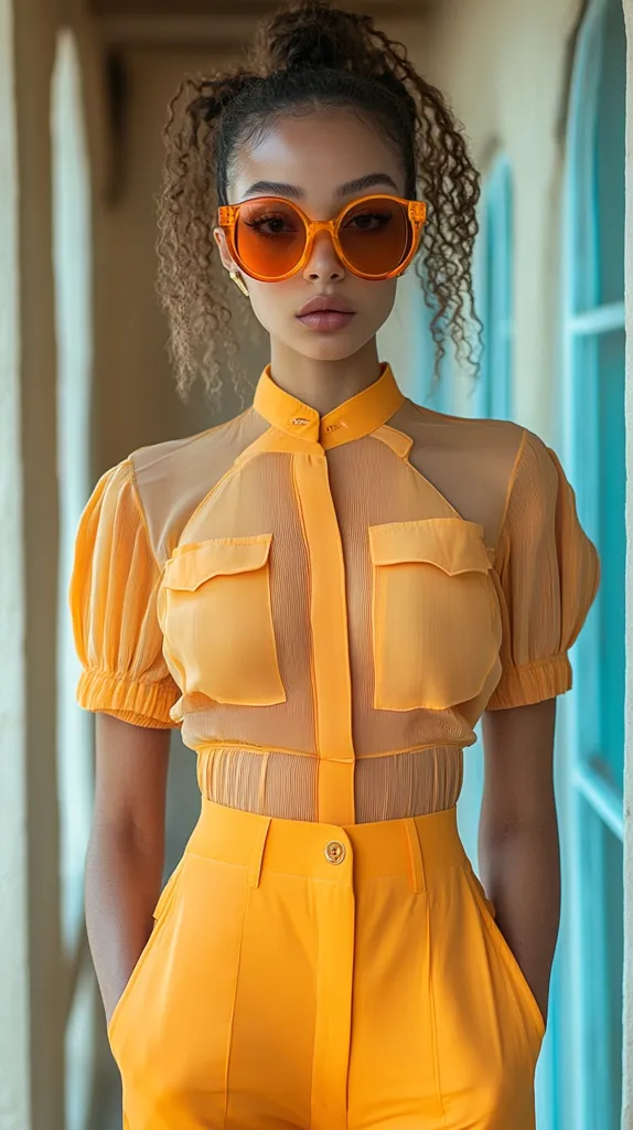 A young woman with curly brown hair is wearing a bright orange outfit.  She is standing in a doorway and her hands are in her pockets.  She is wearing a sheer button-down top with an orange collared shirt underneath.  She is also wearing matching pants.  She is wearing large, round, orange sunglasses.