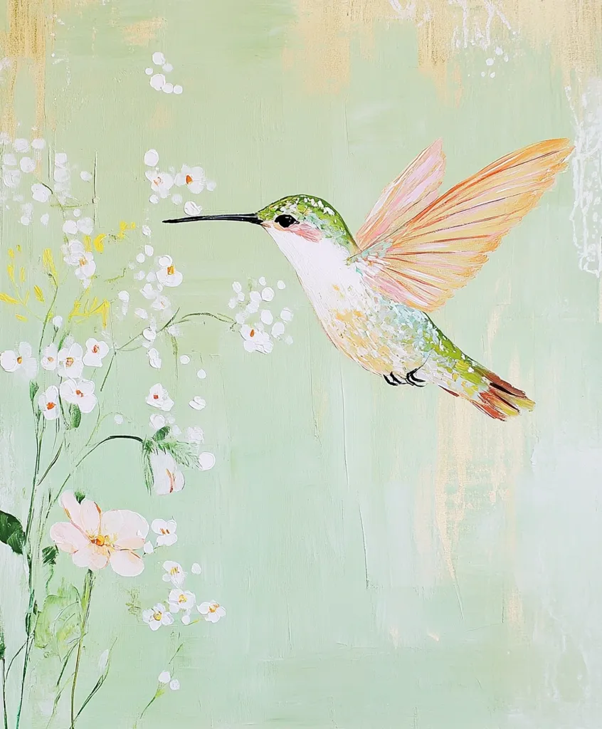 A hummingbird with peach and green feathers hovers in mid-air with its wings spread. It is flying towards a branch of delicate white flowers. The background is a soft green with subtle texture. The painting captures the beauty and grace of the hummingbird in flight.