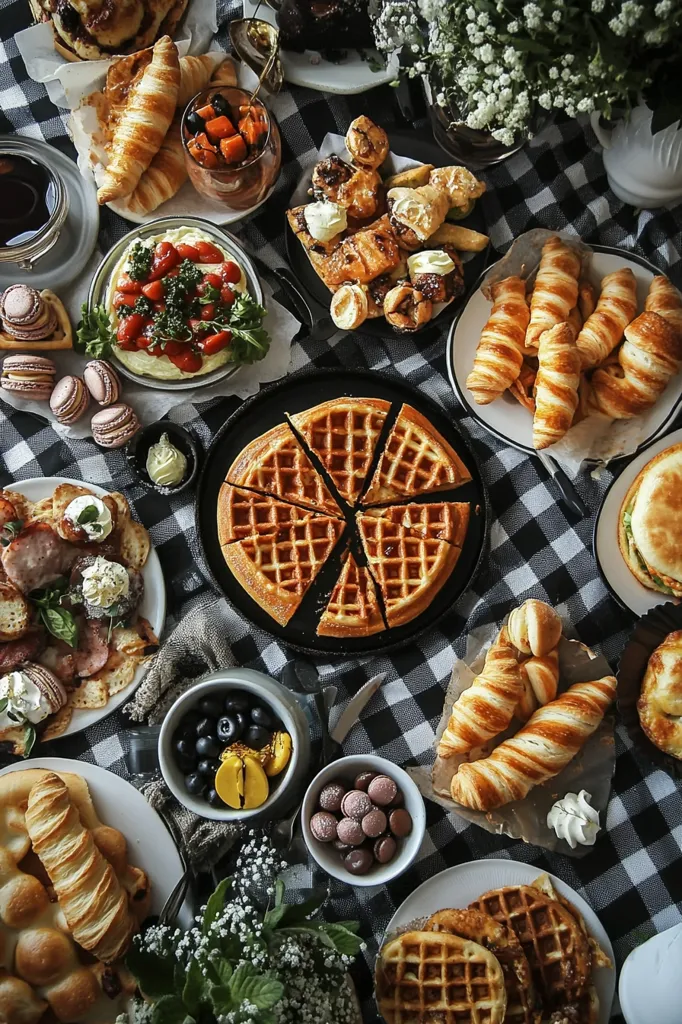 A checkered tablecloth is adorned with a delightful array of food, including pastries, sandwiches, and desserts. There are croissants, waffles, macarons, fruit tarts, and even some savory snacks. The table is beautifully decorated with white flowers and a variety of bowls and plates. The scene evokes a sense of indulgence and celebration.