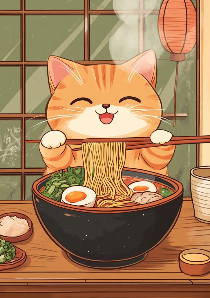 A cartoon cat, with a happy expression, uses chopsticks to slurp up noodles from a bowl of steaming ramen. The cat is in a Japanese restaurant setting, with a window behind it and a red lantern hanging from the ceiling. The bowl is full of noodles, broth, and toppings, including an egg and green onions. The image is drawn in a cute and whimsical style.