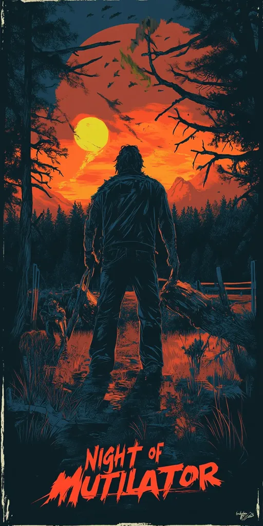 The image is a poster for a horror movie called "Night of the Mutilator". It features a dark, shadowy figure standing in a forest with a red-orange sky in the background. The figure is holding a large knife, suggesting that the movie is about a serial killer. The poster is designed to create a sense of suspense and fear.