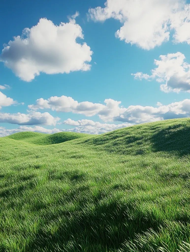 A vast field of lush green grass stretches out under a clear blue sky dotted with fluffy white clouds. The gentle rolling hills create a peaceful and idyllic landscape. The sun casts long shadows across the field, highlighting the texture of the grass. The scene evokes a sense of tranquility and serenity.