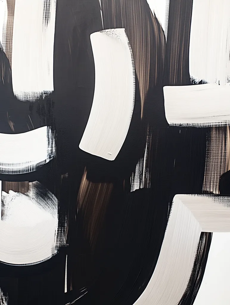 The abstract painting features bold, sweeping strokes of black, white, and brown paint. The shapes are undefined, creating a sense of fluidity and movement. The brushstrokes are visible, adding texture and depth to the artwork. The colors are contrasted, with the black and white being the most prominent. There is a sense of energy and dynamism in the composition.