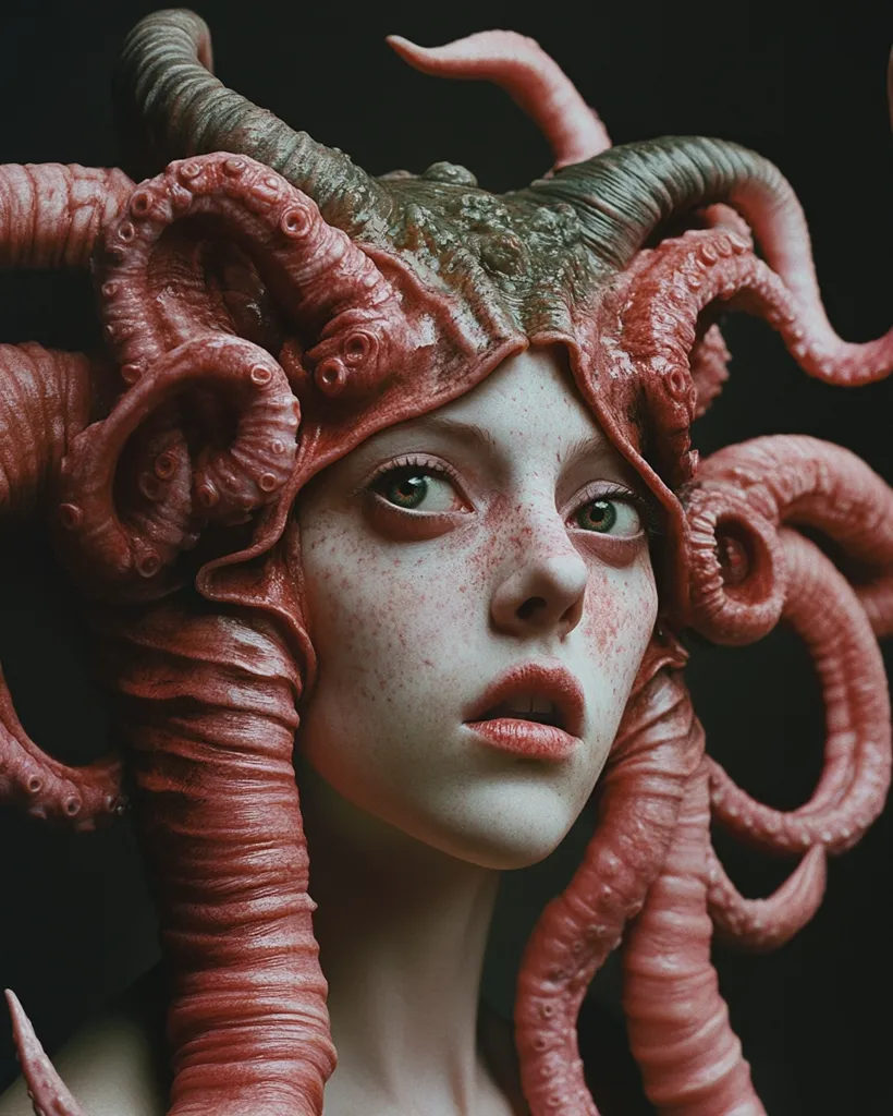 The image portrays a woman with a surreal and unsettling appearance. Her head is adorned with a complex, fleshy crown that resembles an octopus' tentacles,  with some segments resembling horns.  Her expression is solemn and her skin is dotted with freckles. The overall effect is a blend of beauty and grotesque, hinting at a creature that is both captivating and unsettling.  The lighting creates a dramatic contrast, emphasizing the details of the woman's face and the crown.  The image evokes a sense of mystery and intrigue, leaving the viewer to ponder the nature of this creature.
