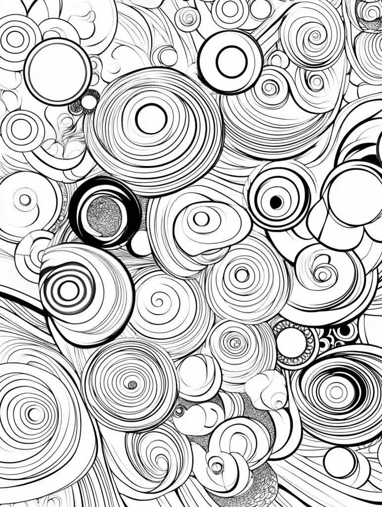 The image is a black and white abstract pattern of overlapping circles and spirals. The circles are of different sizes and have various levels of detail, some with concentric rings and others with a textured appearance. The spirals are intertwined with the circles, creating a sense of depth and movement. The overall effect is a complex and mesmerizing design, reminiscent of organic forms or cosmic patterns.