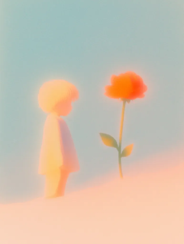 The image is a soft, ethereal depiction of a child standing in front of a single red flower. The background is a hazy blue, with a warm, peachy-orange glow coming from the bottom of the image. The child is dressed in white and looks to be gazing at the flower with a sense of wonder. The overall effect is one of gentle peace and serenity.