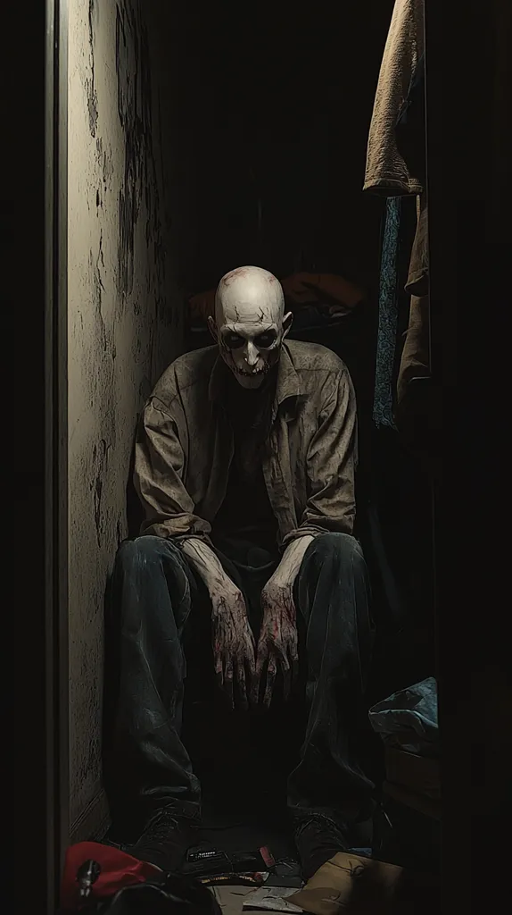 A person with pale skin and a haunting expression sits in a dark, cramped space. The dim lighting casts long shadows, emphasizing their unsettling features. Their hands, covered in a substance that appears to be blood, rest in their lap. The background is obscured by darkness, suggesting a sense of isolation and confinement. The overall atmosphere is eerie and unnerving, prompting a sense of unease and mystery.