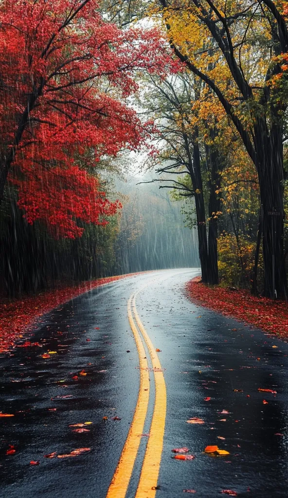 A winding road through a forest in the fall, with a canopy of red and yellow leaves overhead. Rain falls softly, creating puddles on the asphalt and reflecting the colorful foliage. The scene evokes a sense of tranquility and serenity, with the soft rain and vibrant colors creating a picturesque setting.