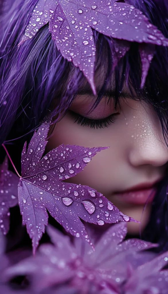 A close-up shot of a young woman with vibrant purple hair, partially obscured by rain-drenched purple leaves. The leaves are covered in water droplets, creating a shimmering effect. Her eyes are closed, and her skin is soft and delicate, suggesting a sense of tranquility and beauty. The image evokes a feeling of serenity and mystery.