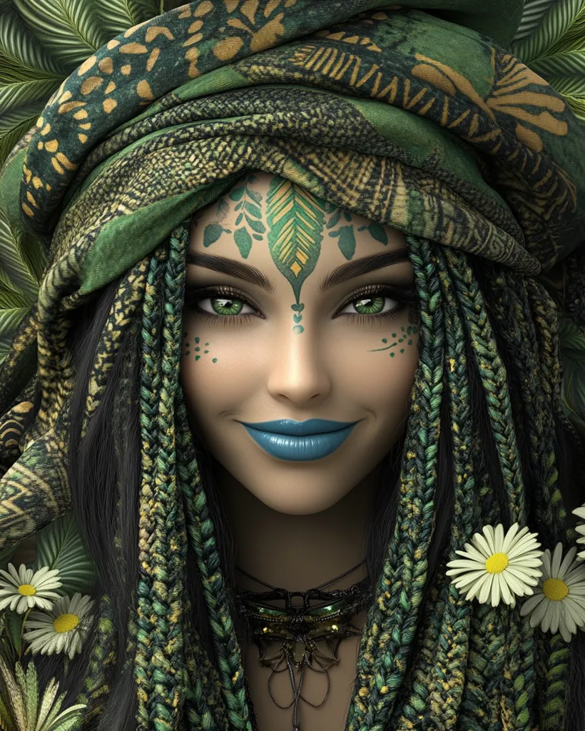 A woman with long, braided hair adorned with green and yellow accents gazes directly at the viewer. She wears a green patterned turban and has green and gold leaf-like designs painted on her forehead. Her eyes are a piercing green, and she wears a blue lipstick. Daisies bloom near her face, adding a touch of softness to the image. The overall impression is one of mystical beauty and connection to nature.