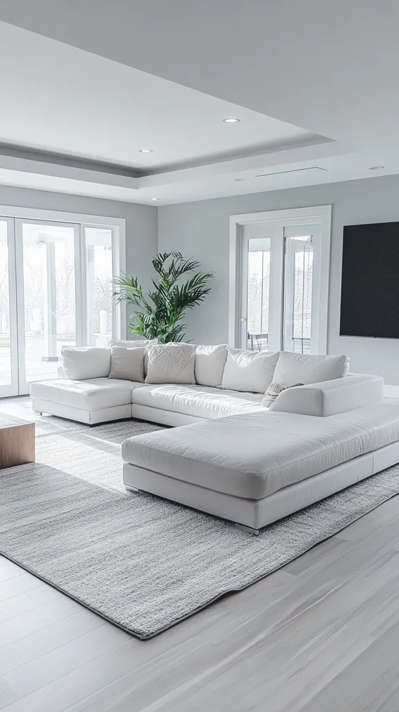 The image shows a modern living room with a large white sectional sofa, a gray area rug, and a large plant in the corner. The room has high ceilings with recessed lighting and large windows that provide natural light. The walls are painted in a light gray color, and the floors are light wood. The space is clean and minimalist. The sofa is positioned in front of a large window, inviting views of the outside.