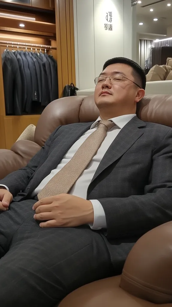A man in a dark suit and a tan tie is sitting in a leather chair with his eyes closed. He is relaxed and appears to be taking a break. He is wearing glasses and has short black hair. The chair is brown leather and the background is a store with a rack of suits in the background.  The store is lit with warm, yellow lighting.  The man's shirt is white and the fabric of his suit has a subtle pattern.  There are a number of other items in the room, but they are out of focus. The man is the center of attention in this image.  The overall feeling of the photo is one of peace and relaxation.
