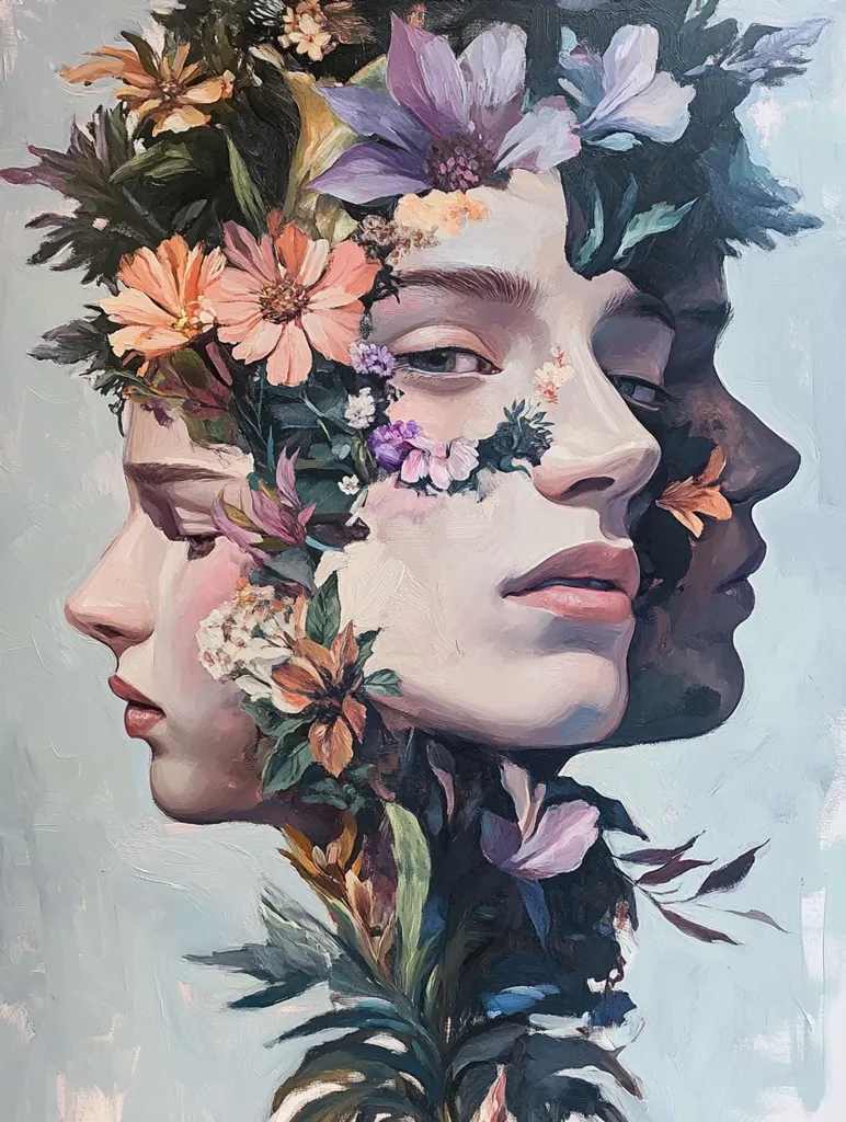 The painting depicts two faces, one more prominent than the other, interwoven with a vibrant array of flowers, mostly in hues of pink, purple, and orange. The faces are painted in a realistic style, with soft features and subtle shading. The flowers are rendered with more loose brushstrokes, creating a sense of fluidity and movement. The background is a muted blue, allowing the vibrant colors of the flowers to pop. The overall effect is one of beauty, fragility, and the ephemeral nature of life.