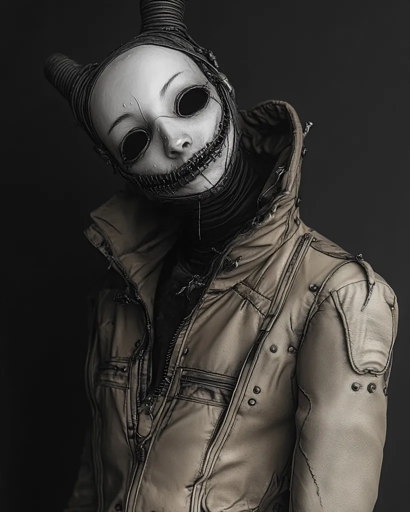 A person in a hooded jacket with a white, stitched-up mask is looking into the camera with a sinister expression. The mask has two prominent horns on top, and the eyes are black and hollow. The figure’s outfit has multiple zippers and buckles, adding to the eerie and mysterious aura. The background is dark and contrasts with the person's ghostly appearance. The overall image conveys a sense of darkness and mystery.