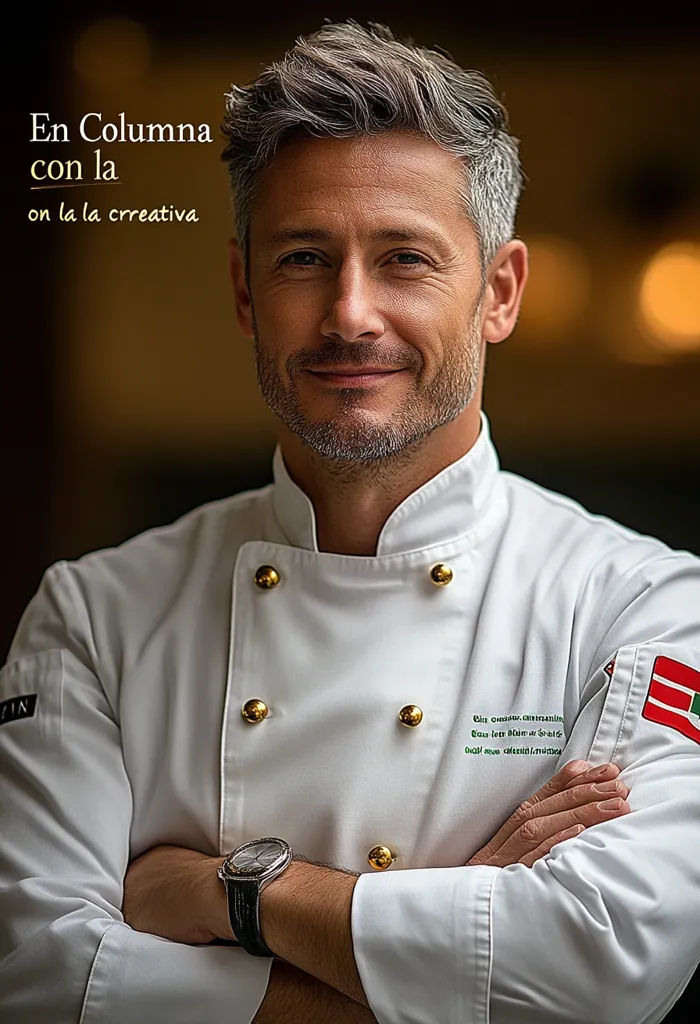 The image shows a man wearing a white chef's uniform with gold buttons. He has short, grey hair and is smiling. His arms are crossed and he is wearing a silver watch. The background is out of focus and appears to be a restaurant. The Spanish words "En Columna con la on la la crrreativa" are written in the top left corner.
