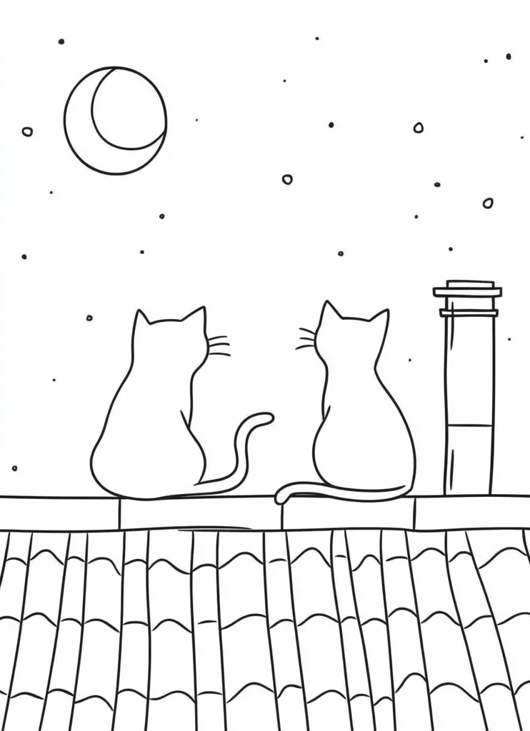 Two cats sit side-by-side on a rooftop, their backs to the viewer. They are gazing up at a crescent moon and a sprinkling of stars in the night sky. The rooftop is patterned with tiled shingles and there is a tall chimney beside them.  The image is a simple line drawing, leaving room for imagination and creativity.