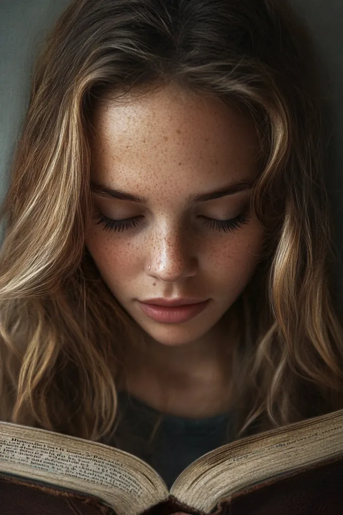 A young woman with long blonde hair is reading a book. She is wearing a blue shirt and has her eyes closed in concentration. The book is open and the pages are filled with text. The woman's face is visible, and she has freckles on her nose and cheeks. The lighting is soft and warm, creating a cozy and intimate atmosphere.  The image conveys a sense of peace and tranquility.