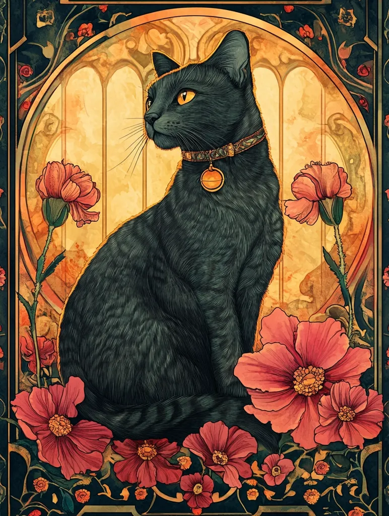 A black cat with a golden collar and a bell sits in a floral frame. The cat is looking to the left of the image with a serious expression. The flowers in the frame are a bright pink and are arranged in a symmetrical pattern around the cat. The background is a soft yellow and the image is done in a watercolor style.  The entire image has an art nouveau aesthetic.