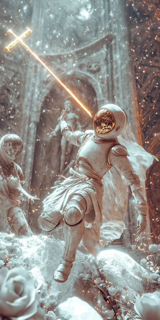 The image shows an astronaut, clad in white armor and a helmet, kneeling on a snowy, rocky surface. A golden cross, glowing with an orange light, shines above.  The astronaut is facing the viewer, with a determined expression. The background is blurred, with white and gold tones, creating a sense of fantasy and mystery.  The image is likely inspired by religious iconography and the concept of space exploration.