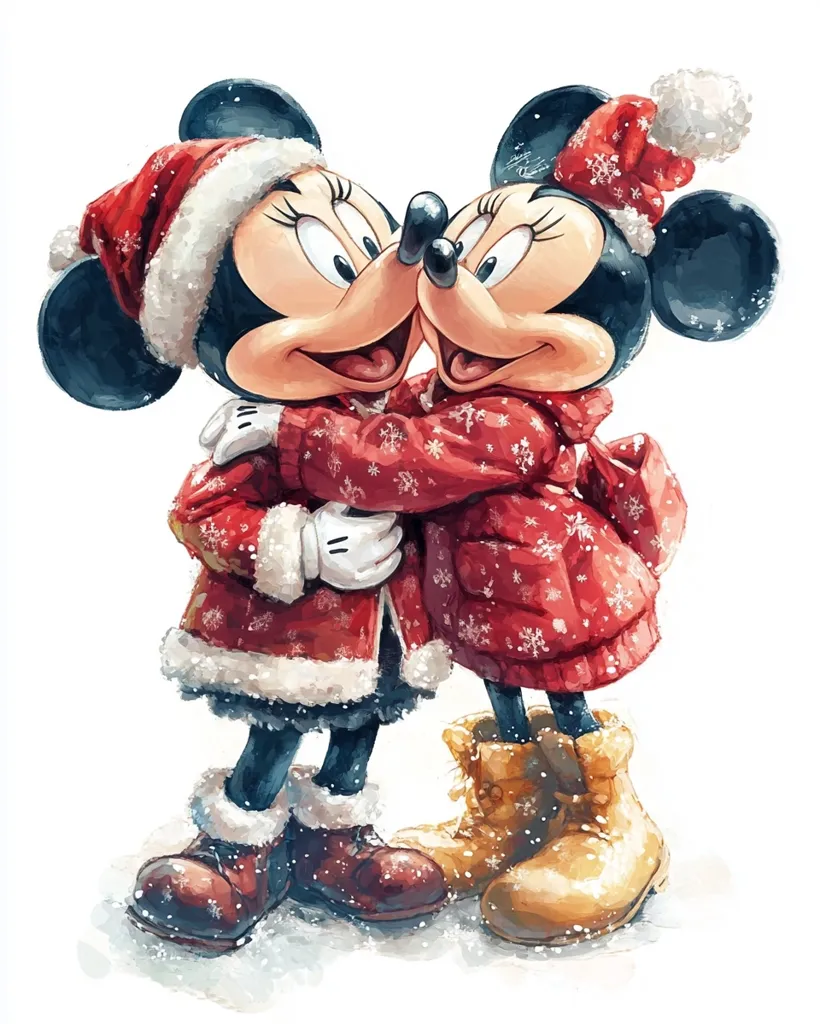 Mickey and Minnie Mouse are wearing festive red and white winter outfits and are embracing each other. Both are smiling happily. They are standing in the snow, with snow falling around them. Their outfits are decorated with snowflakes and they are wearing winter boots.  The image captures a heartwarming scene of love and companionship.